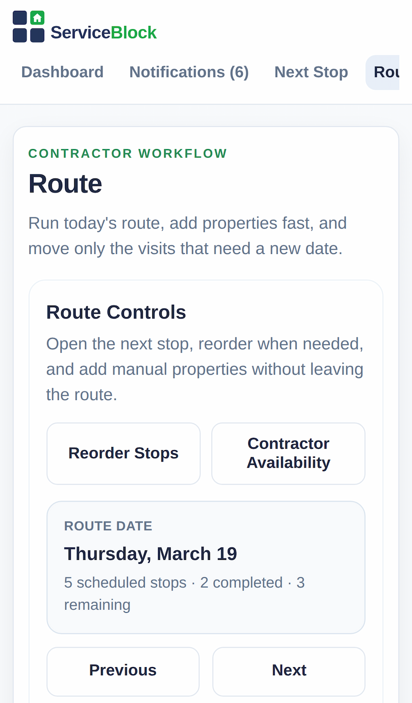 Mobile screenshot of the contractor route planner