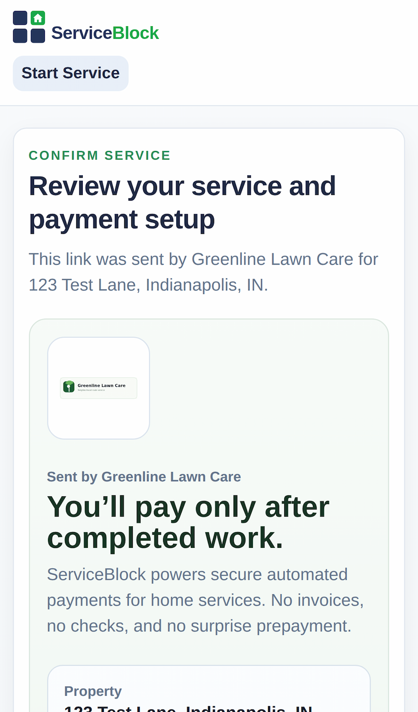 Mobile screenshot of the homeowner service confirmation and payment setup screen
